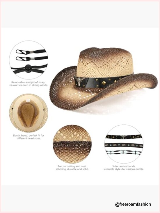 Straw Cowboy Hat with 3 Decorative Bands, Adjustable Sizing, Wide Brim main image 4